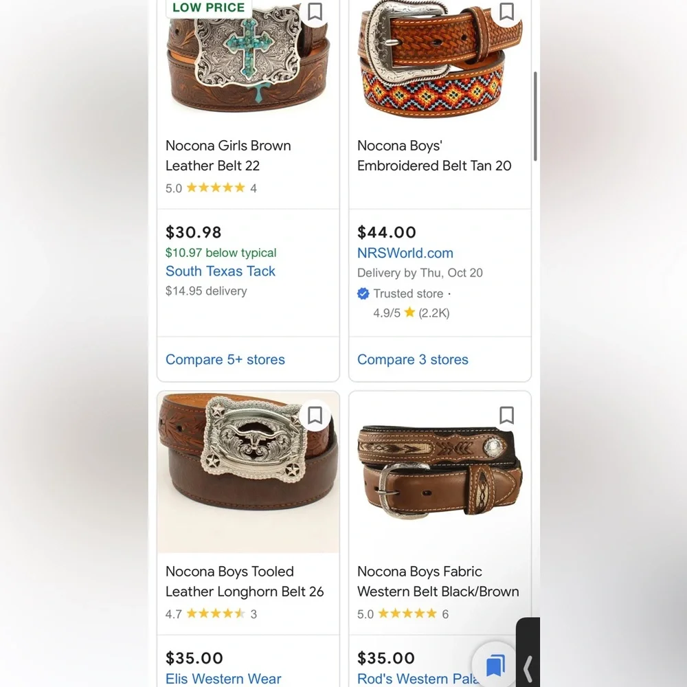 Nocona Belt Co. Girls Southwestern Rhinestones Leather Belt Size 22